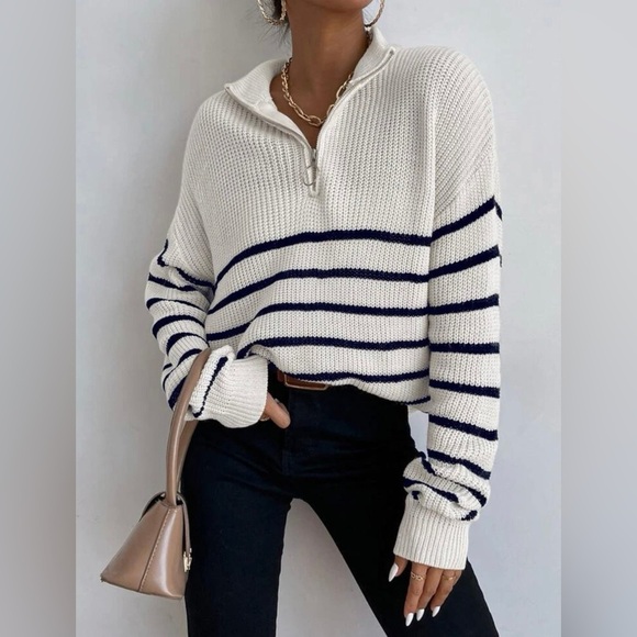 Striped White Black Knit Sweater Quarter Zip Relaxed Fit Sailor Minimalist Cozy - Picture 5 of 10